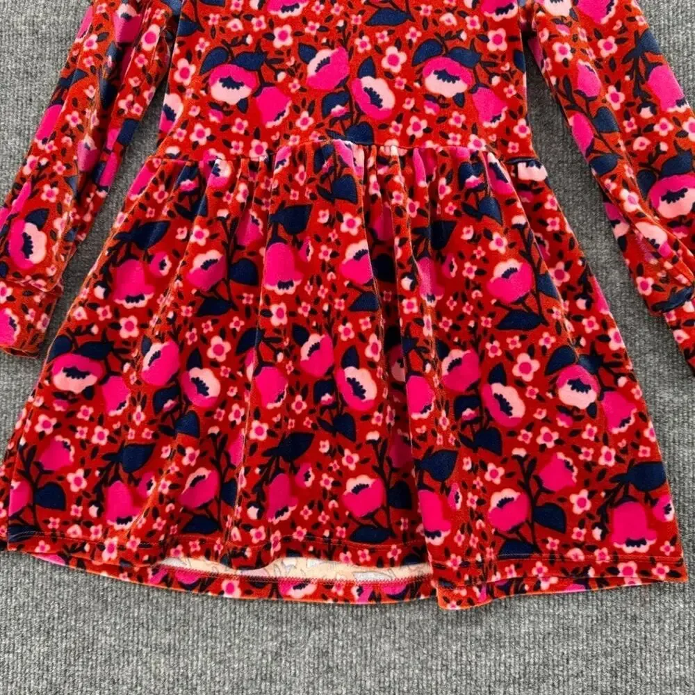 Cat & jack Girls Floral Velour Dress Size 5T Burnt Orange Pink Bow Pockets